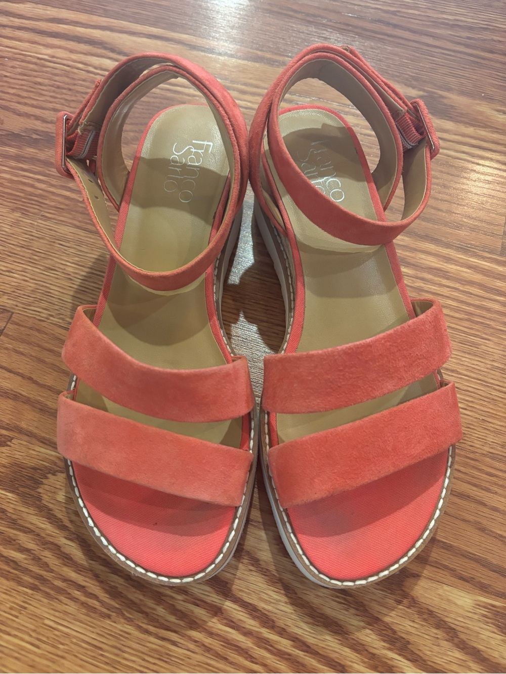 Franco Sarto Suede Ankle Strap Sandal Wedges Connolly Pink Coral Sz 7.5M
